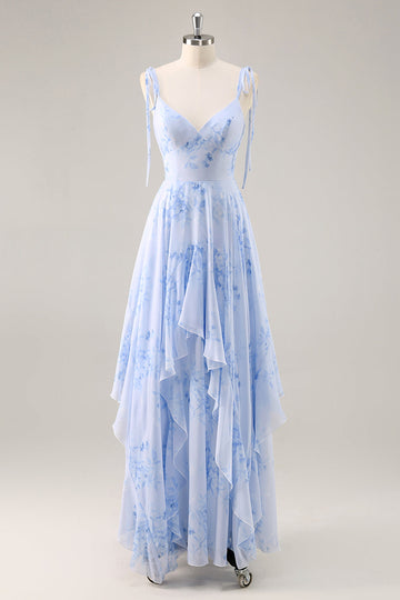A-Line Spaghetti Straps Long Blue Floral Bridesmaid Dress with Ruffles